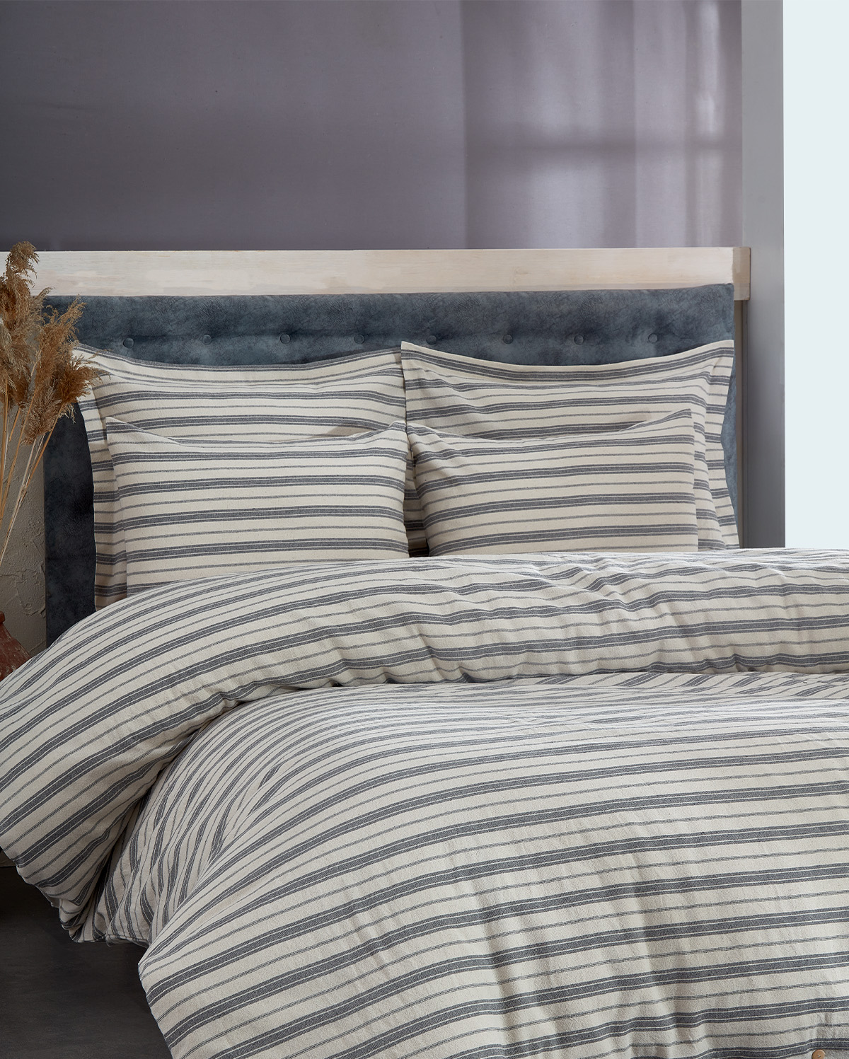 Linen Striped Duvet Cover Set - Grey