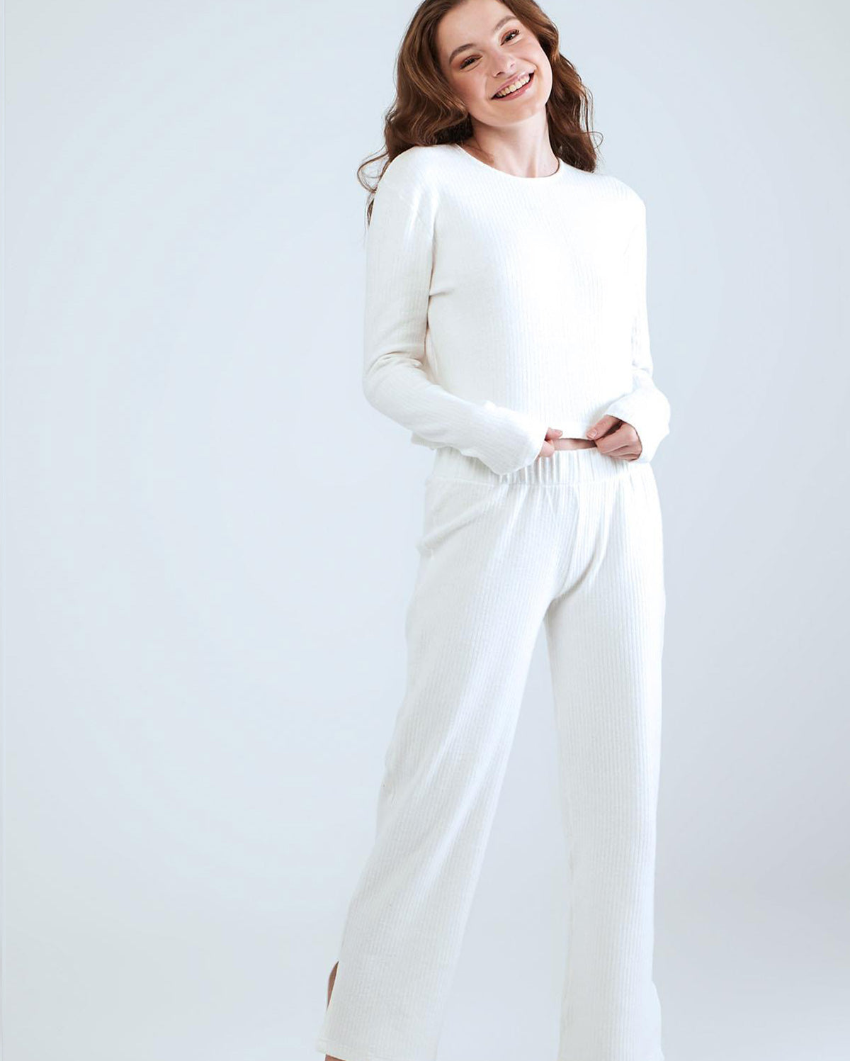 Long Sleeve Crew Neck Pyjama Set - White