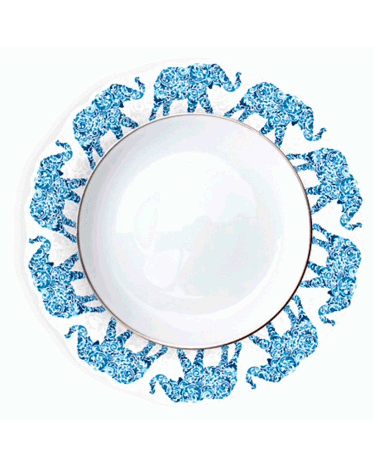 Elephant Patterned Round Placemat Set of 6 pieces-  White & Blue