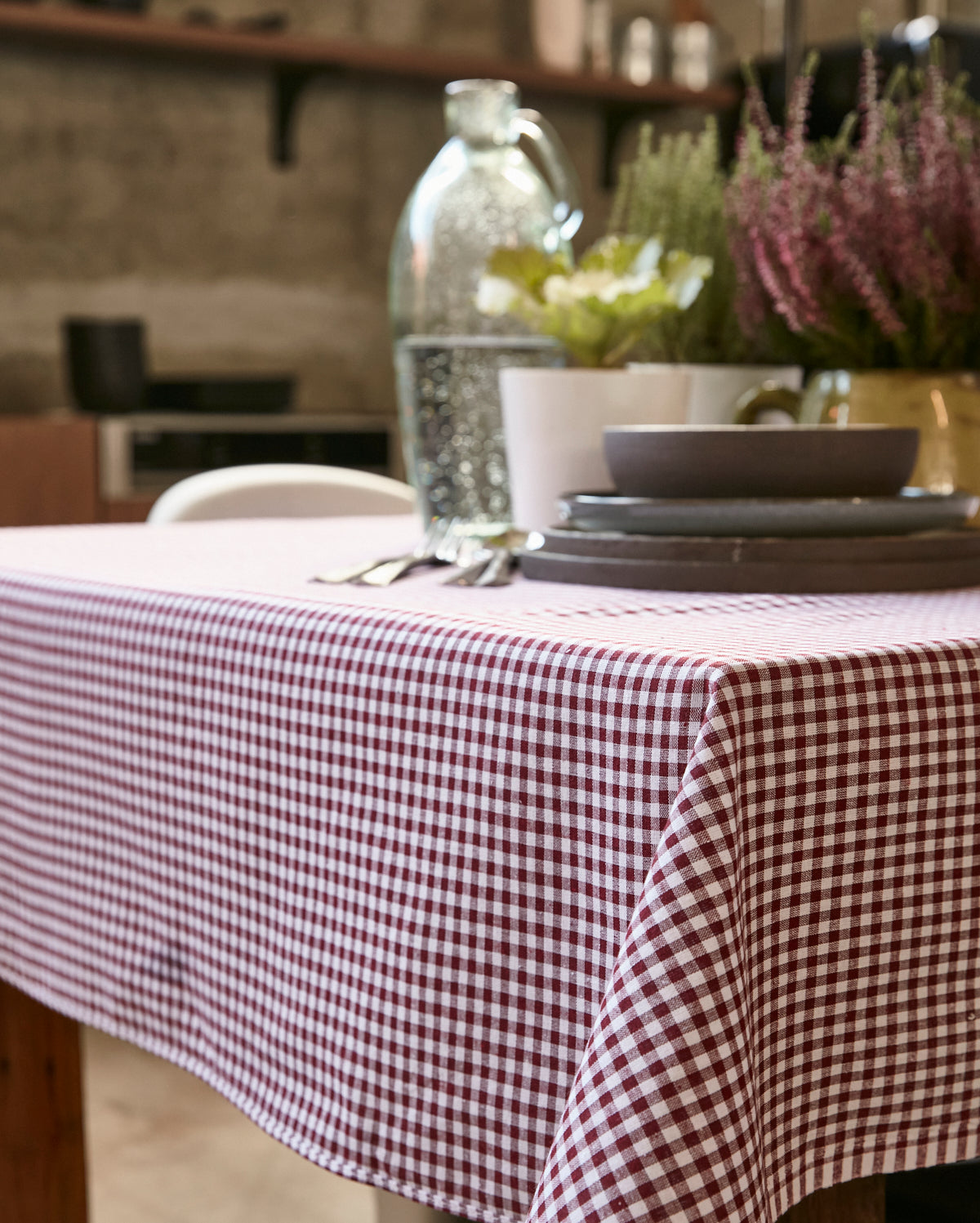 Checked Cotton Table Cloth - Burgundy - Ocoza