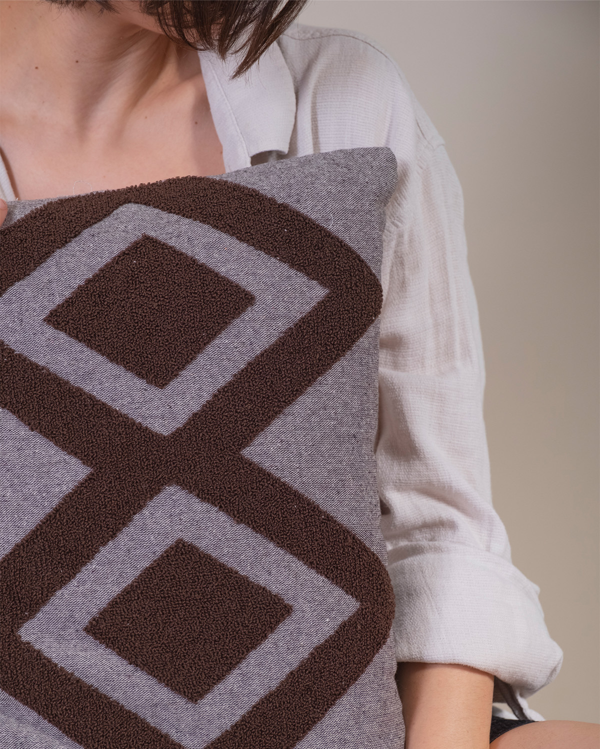 Zigzag Embroidery Cushion Cover - Brown