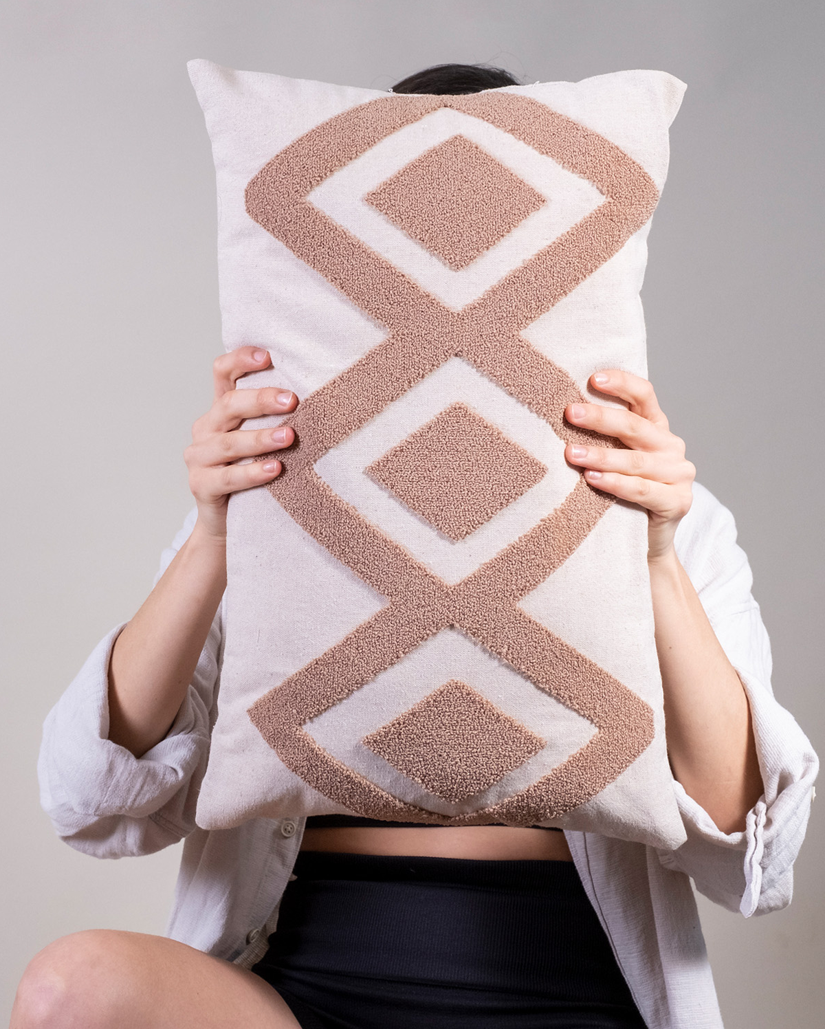 Zigzag Embroidery Cushion Cover - Cream & Ecru