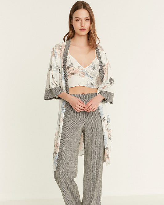 Flower Printed Pyjama Set with Dressing Gown - Ecru