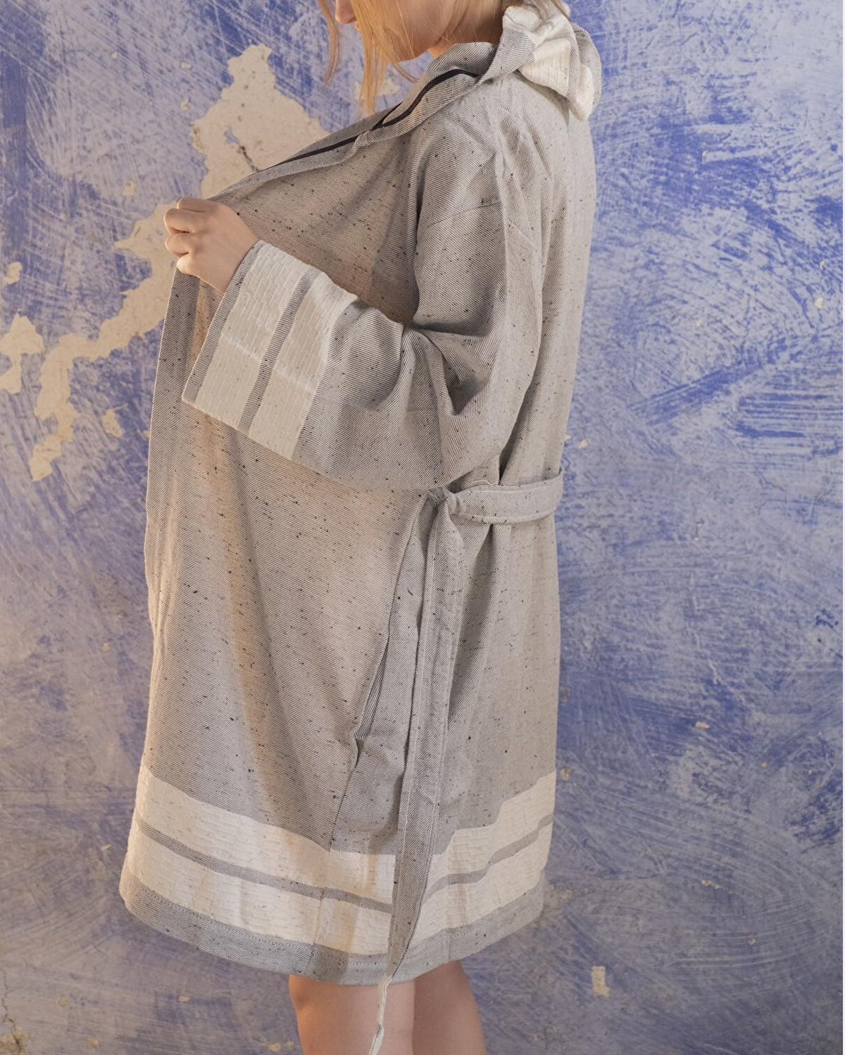 Cotton Oxford Waffle Bathrobe - Grey